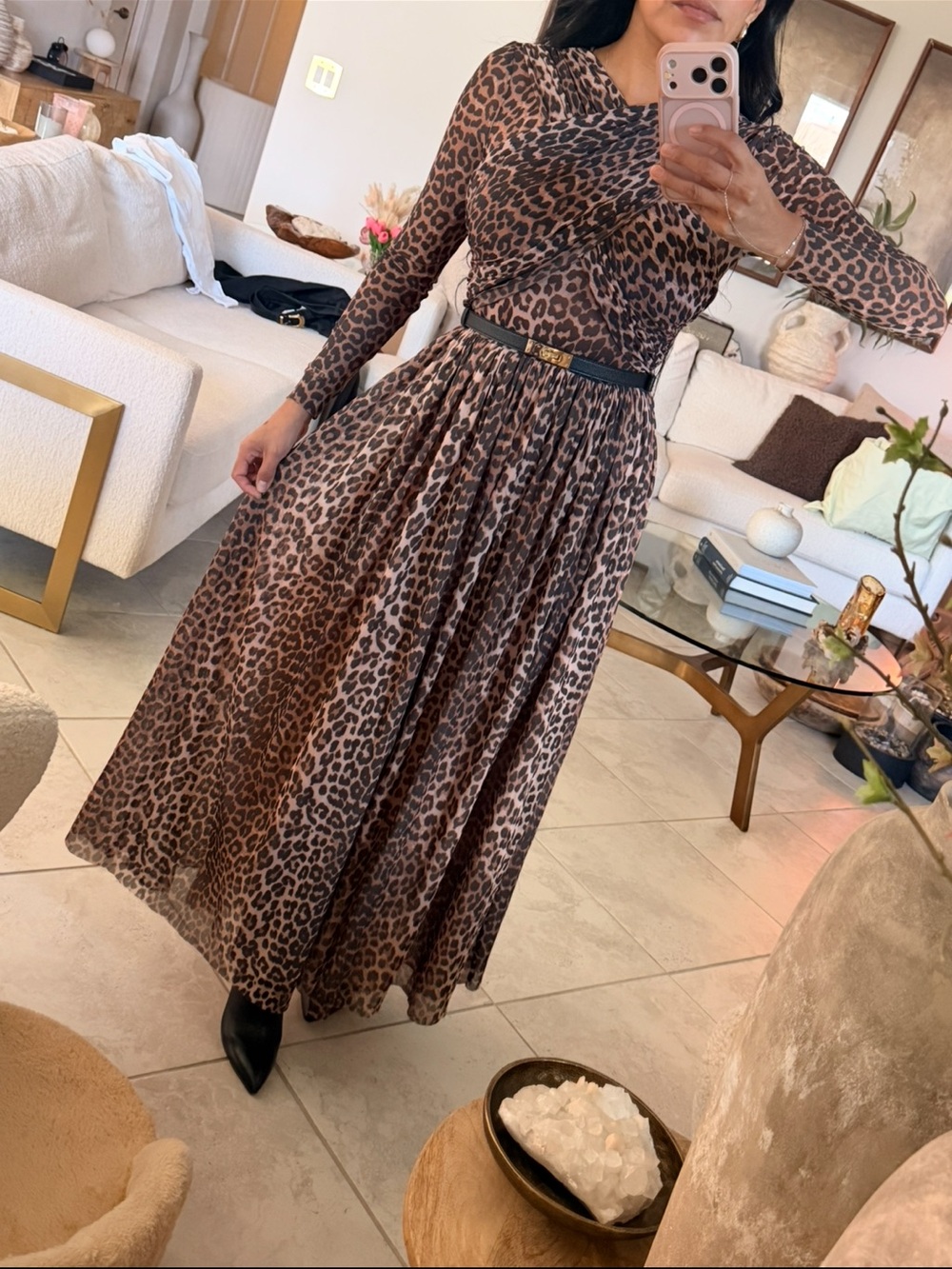 Ganni Brown Leopard-Print Long Sleeve Maxi Dress